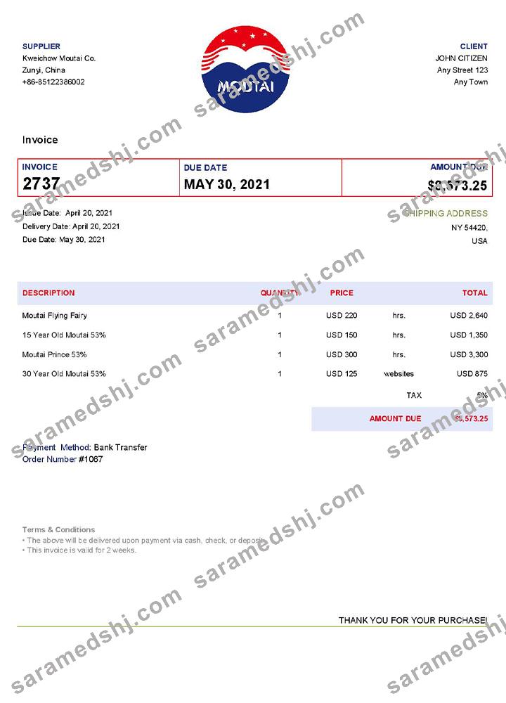 USA Moutai invoice template